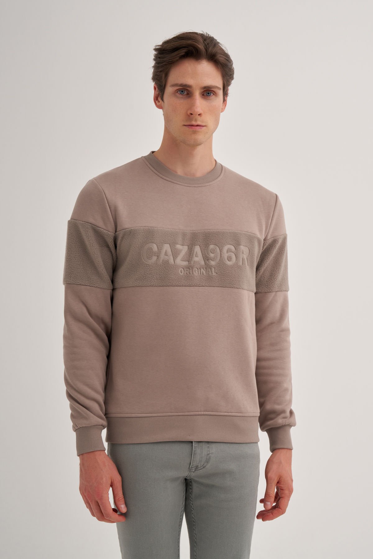 Caz 5082 Polar Detaylı 3 İplik Bisiklet Yaka Kalın Erkek Sweat Vizon