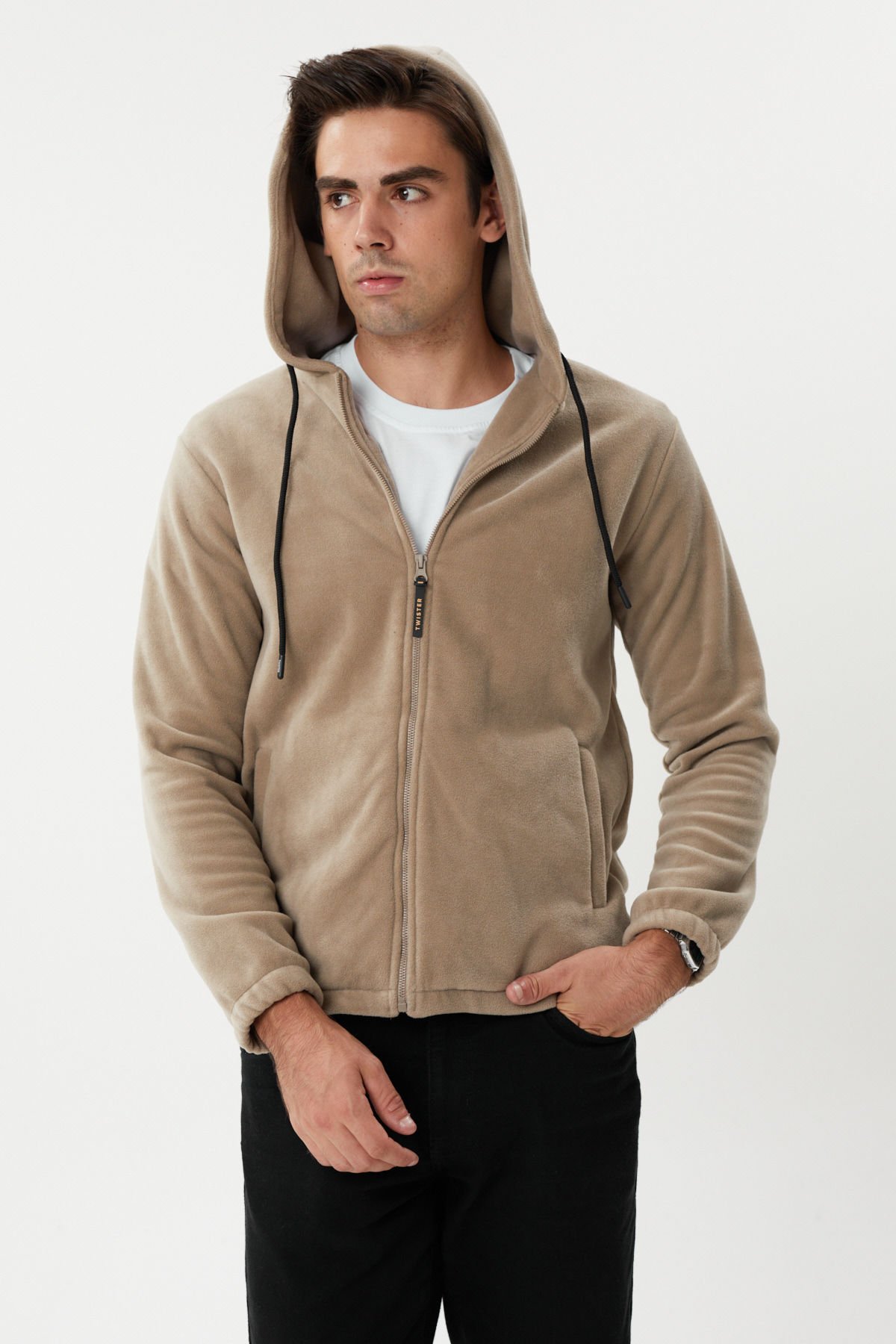 Twister ESW 2780 Kapşonlu Fermuarlı Tüylenmez Polar Sweat Ceket Bej