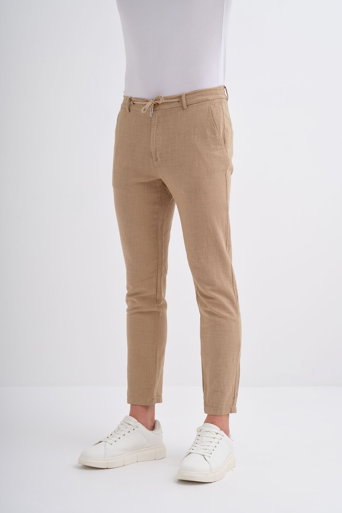 Cazador 0008 Bel Bağcıklı Ham Keten Jogger Pantolon Camel