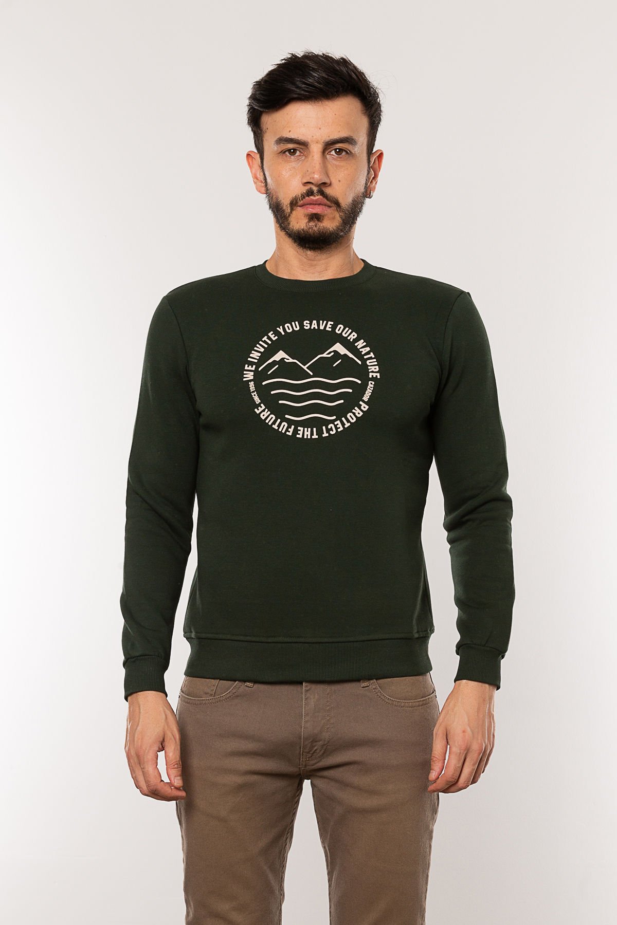Caz 5225 Baskılı Bisiklet Yaka Erkek 3 İplik Kalın Sweat Hunter Yeşil