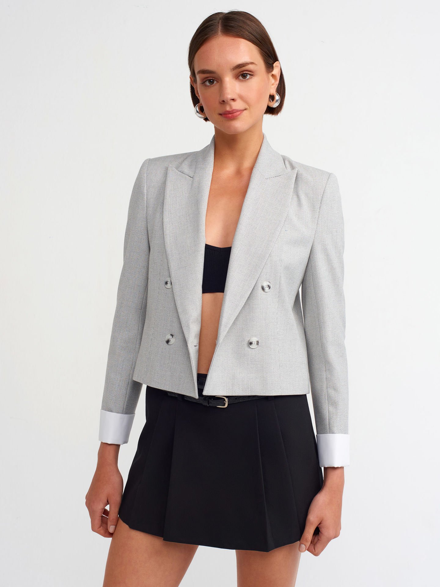Dilvin 60735 Kontrast Manşetli Blazer Ceket-Gri