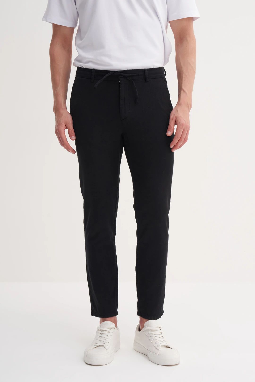 Cazador 0008 Bel Bağcıklı Ham Keten Jogger Pantolon Siyah