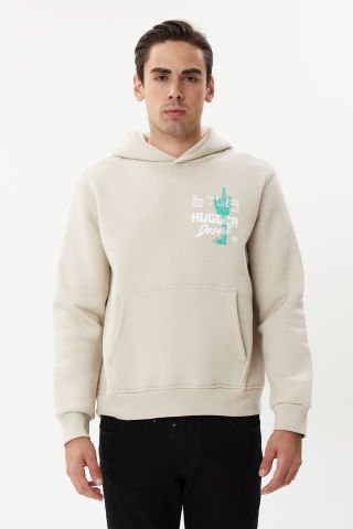 ESW 2747 Bone Sırt Baskılı Kapşonlu 3 plik Şardonlu Erkek Sweat Taş
