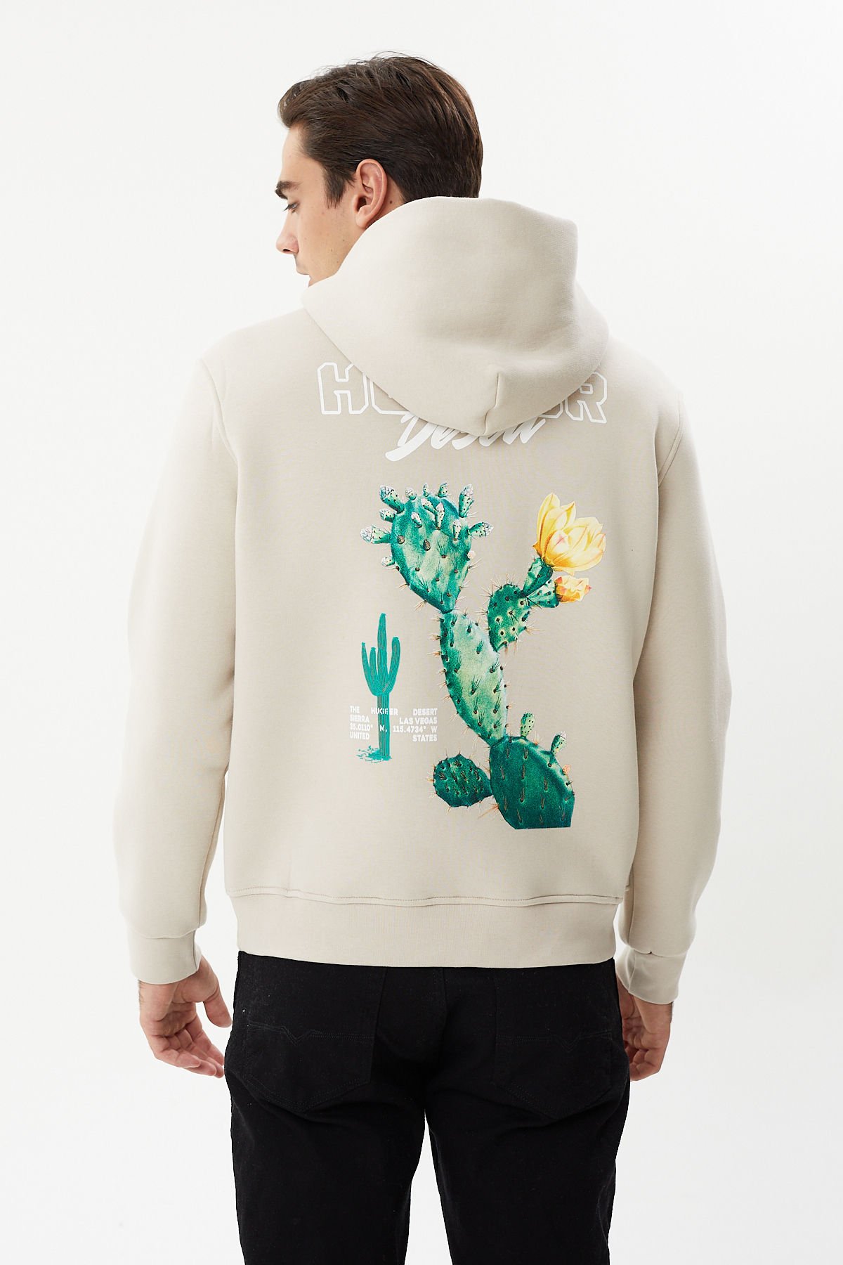 ESW 2747 Bone Sırt Baskılı Kapşonlu 3 plik Şardonlu Erkek Sweat Taş