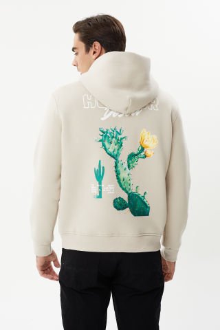 ESW 2747 Bone Sırt Baskılı Kapşonlu 3 plik Şardonlu Erkek Sweat Taş