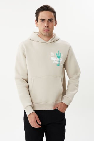 ESW 2747 Bone Sırt Baskılı Kapşonlu 3 plik Şardonlu Erkek Sweat Taş