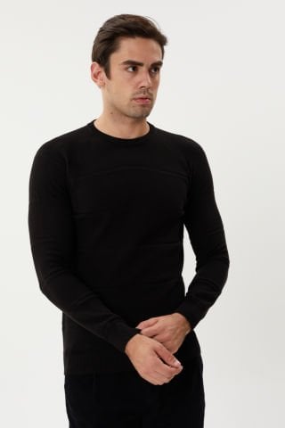ET 3630-T Black Kendinden Desenli Bisiklet Yaka Erkek Triko Kazak Siyah