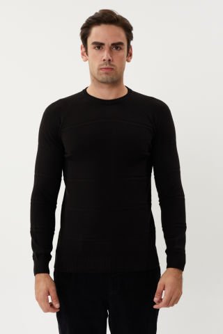 ET 3630-T Black Kendinden Desenli Bisiklet Yaka Erkek Triko Kazak Siyah