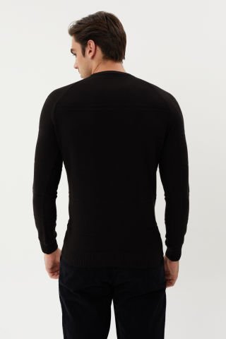 ET 3630-T Black Kendinden Desenli Bisiklet Yaka Erkek Triko Kazak Siyah