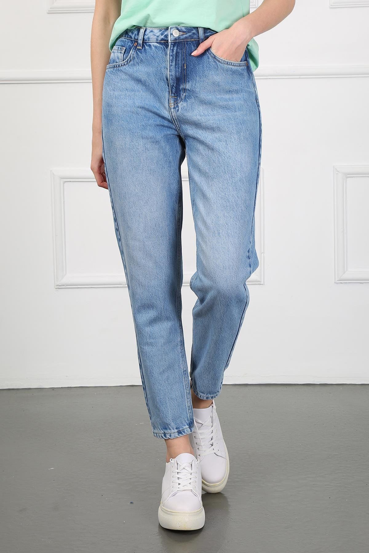 Sandy 9132-23 Blue Ripped Yüksek Bel Kadın Mom Jean Kot Pantolon