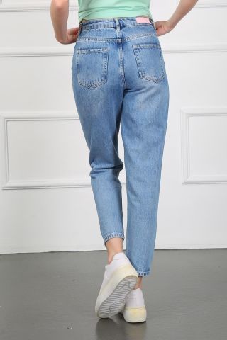 Sandy 9132-23 Blue Ripped Yüksek Bel Kadın Mom Jean Kot Pantolon