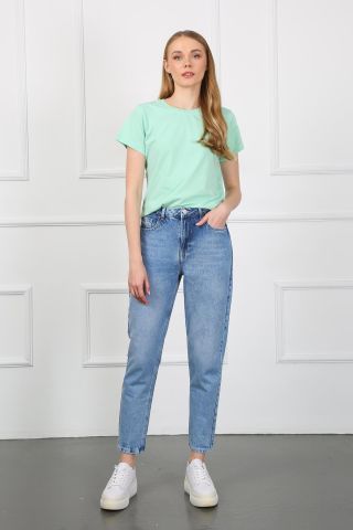 Sandy 9132-23 Blue Ripped Yüksek Bel Kadın Mom Jean Kot Pantolon