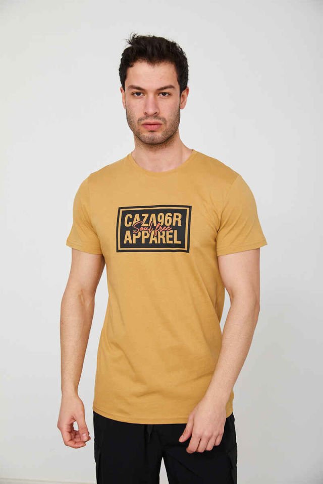Caz 4206 Erkek Bisiklet Yaka Baskılı T-Shirt Camel