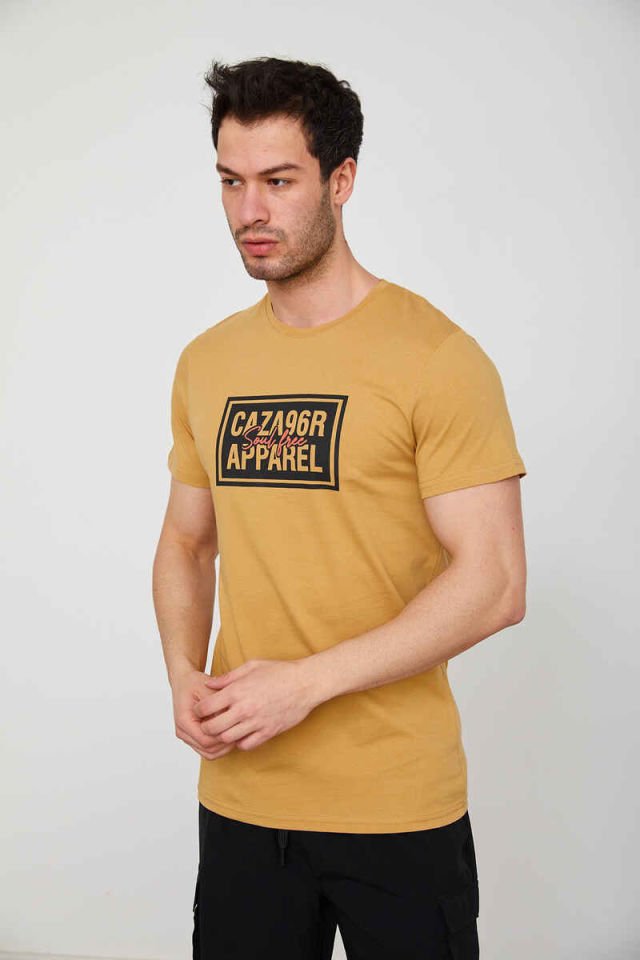 Caz 4206 Erkek Bisiklet Yaka Baskılı T-Shirt Camel