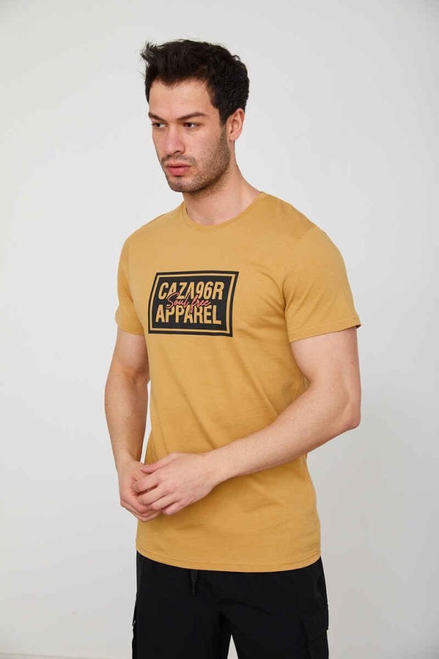 Caz 4206 Erkek Bisiklet Yaka Baskılı T-Shirt Camel