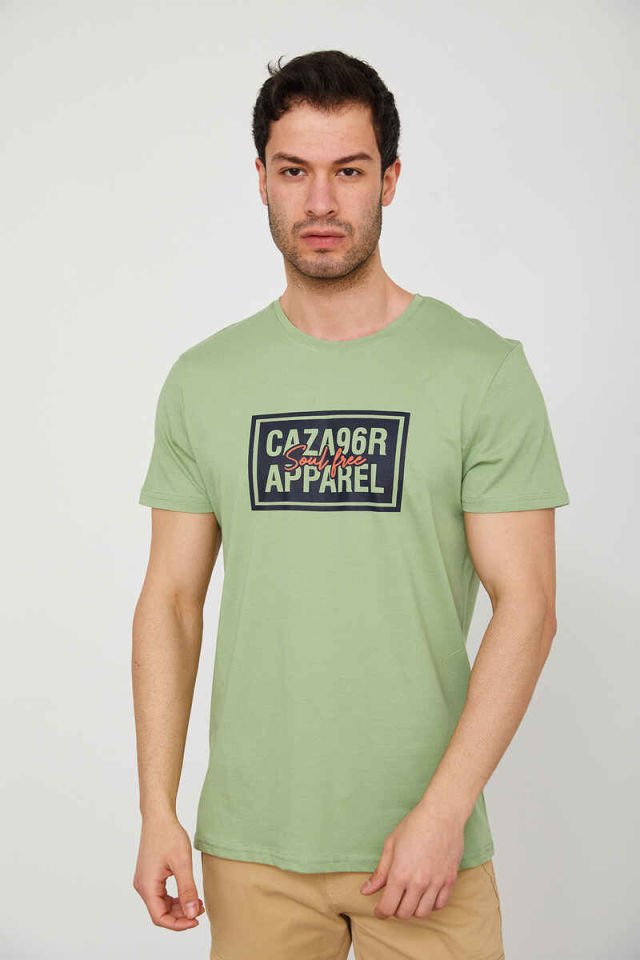 Caz 4206 Erkek Bisiklet Yaka Baskılı T-Shirt Küf Yeşili