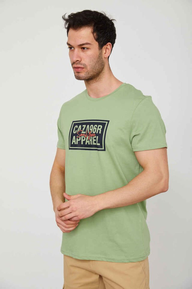 Caz 4206 Erkek Bisiklet Yaka Baskılı T-Shirt Küf Yeşili