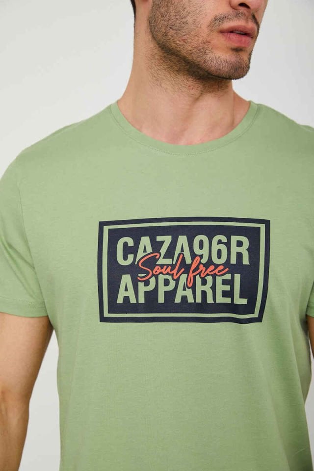 Caz 4206 Erkek Bisiklet Yaka Baskılı T-Shirt Küf Yeşili