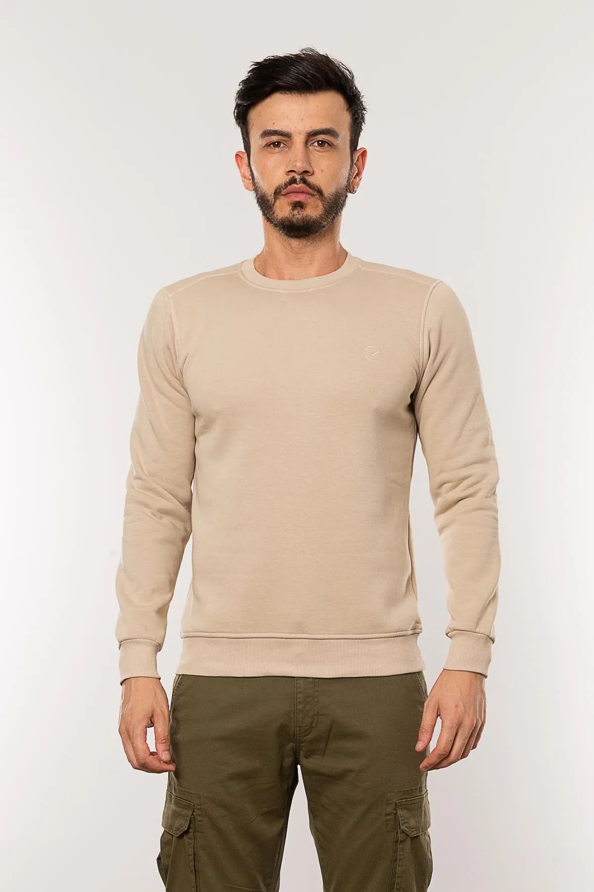 Caz 5615 Bisiklet Yaka Kalın 3 İplik Düz Erkek Sweat BEJ
