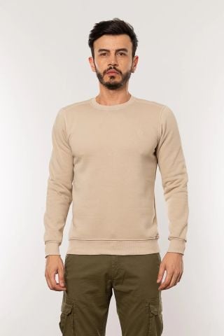 Caz 5615 Bisiklet Yaka Kalın 3 İplik Düz Erkek Sweat BEJ