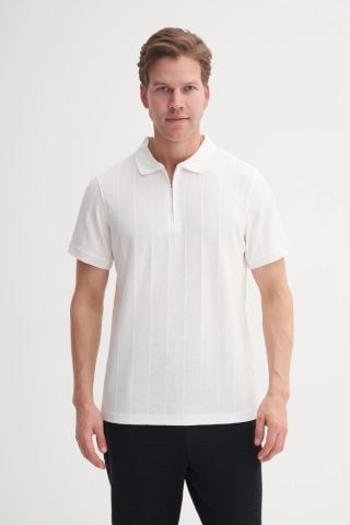Caz 4238 Polo Yaka Kendinden Dokulu Regular Fit Fermuarlı Tişört EKRU