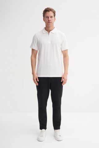 Caz 4238 Polo Yaka Kendinden Dokulu Regular Fit Fermuarlı Tişört EKRU