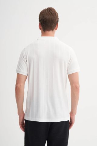 Caz 4238 Polo Yaka Kendinden Dokulu Regular Fit Fermuarlı Tişört EKRU