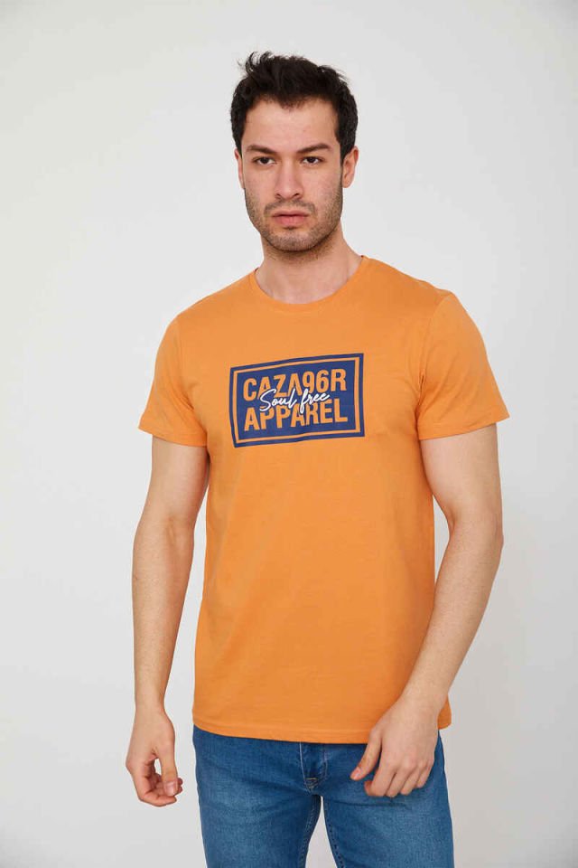 Caz 4206 Erkek Bisiklet Yaka Baskılı T-Shirt Şeftali