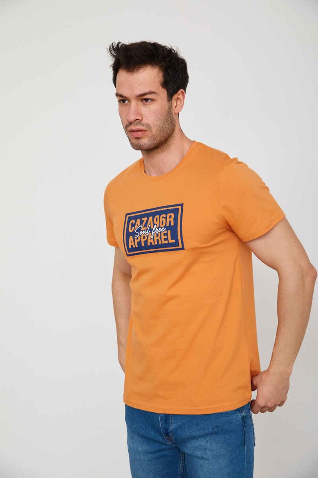 Caz 4206 Erkek Bisiklet Yaka Baskılı T-Shirt Şeftali