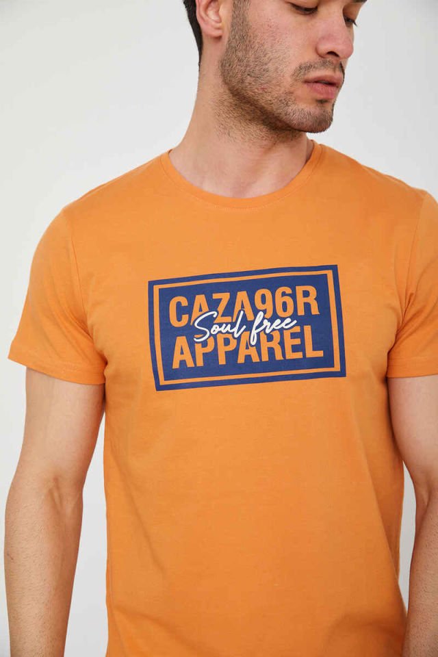 Caz 4206 Erkek Bisiklet Yaka Baskılı T-Shirt Şeftali