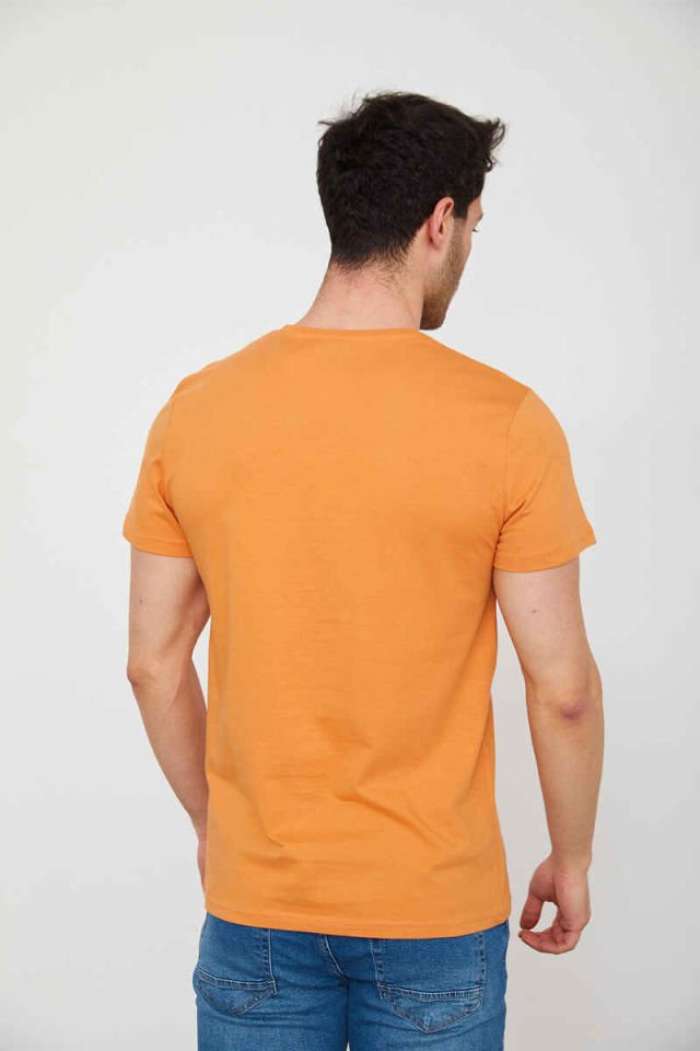 Caz 4206 Erkek Bisiklet Yaka Baskılı T-Shirt Şeftali