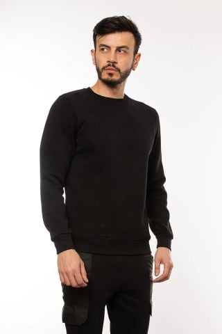 Caz 5615 Bisiklet Yaka Kalın 3 İplik Düz Erkek Sweat Siyah