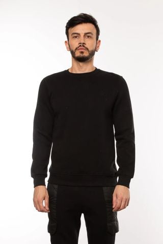Caz 5615 Bisiklet Yaka Kalın 3 İplik Düz Erkek Sweat Siyah
