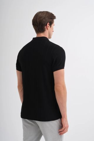Caz 4238 Polo Yaka Kendinden Dokulu Regular Fit Fermuarlı Tişört siyah