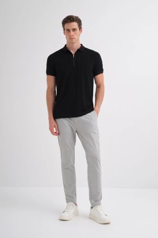 Caz 4238 Polo Yaka Kendinden Dokulu Regular Fit Fermuarlı Tişört siyah