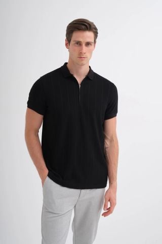 Caz 4238 Polo Yaka Kendinden Dokulu Regular Fit Fermuarlı Tişört siyah