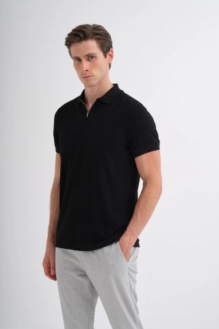 Caz 4238 Polo Yaka Kendinden Dokulu Regular Fit Fermuarlı Tişört siyah