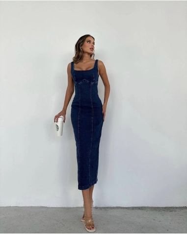 DMA 3352 Kare Yaka Likralı Askılı Kot Elbise Mavi