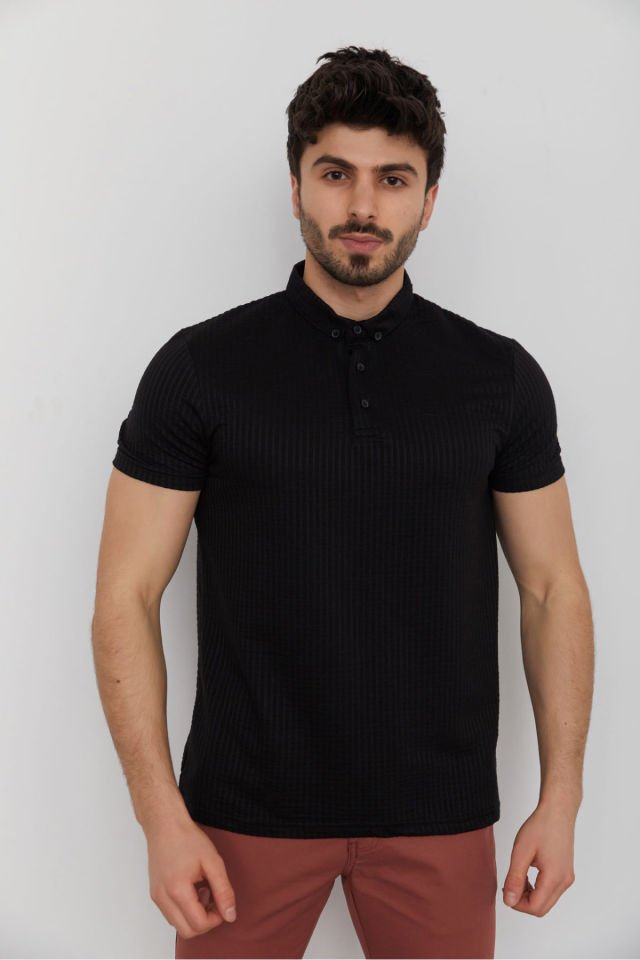 CAZ 4193 Kendinden Desenli Yaka Düğmeli Erkek Polo Yaka T-Shirt