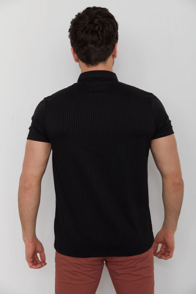 CAZ 4193 Kendinden Desenli Yaka Düğmeli Erkek Polo Yaka T-Shirt