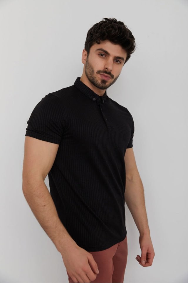 CAZ 4193 Kendinden Desenli Yaka Düğmeli Erkek Polo Yaka T-Shirt