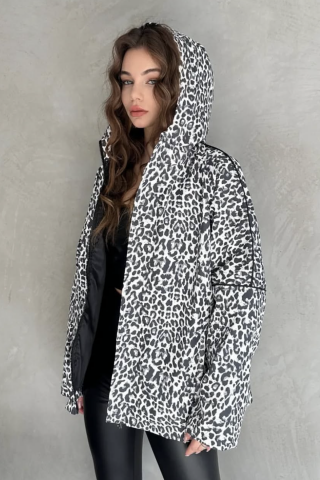 Ast 842 Leopar Desenli Oversize Kapşonlu Kadın Yağmurluk Siyah