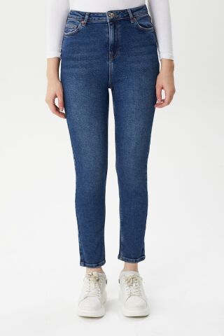 Mila 9444-01 Dark Blue Likralı Toparlayıcı Kumaş Dar Kesim Kadın Kot Pantolon Mavi