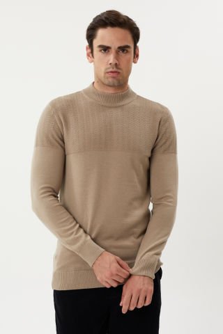 Twister ET 3638 Soft Taupe Yarım Boğazlı Dokuma Detaylı Erkek Kazak Sütlü Kahve