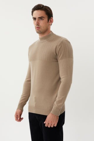 Twister ET 3638 Soft Taupe Yarım Boğazlı Dokuma Detaylı Erkek Kazak Sütlü Kahve