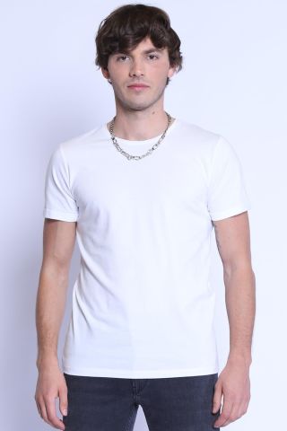 ETS 1828 Düz Renk Bisiklet Yaka Erkek T-shirt Beyaz