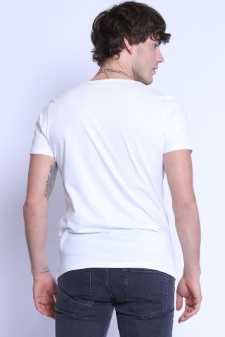 ETS 1828 Düz Renk Bisiklet Yaka Erkek T-shirt Beyaz