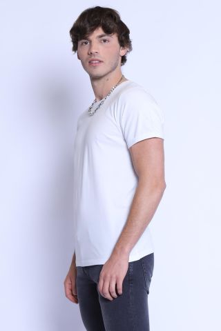 ETS 1828 Düz Renk Bisiklet Yaka Erkek T-shirt Beyaz