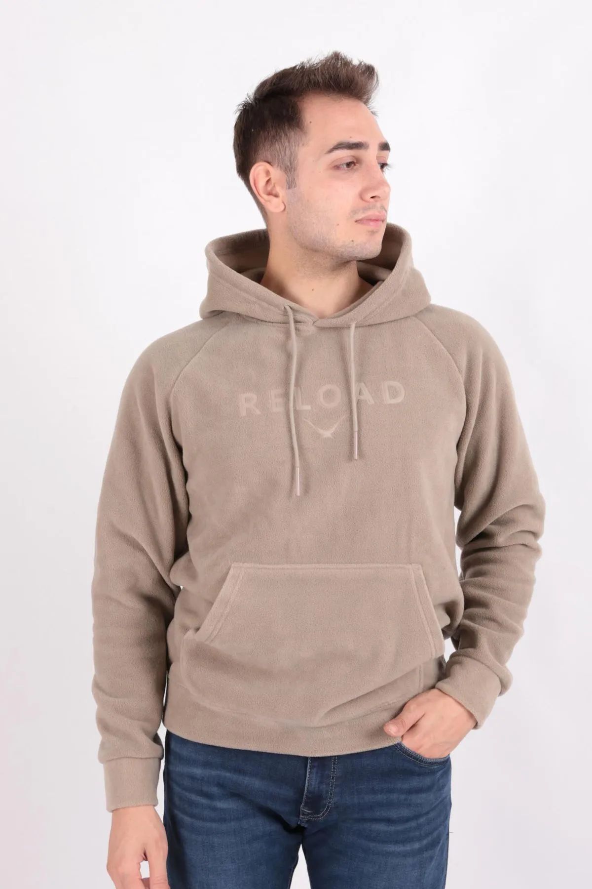 Caz 5155 Kapşonlu Yazı Detaylı Erkek Polar Sweat Bej