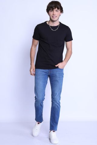 ETS 1828 Düz Renk Bisiklet Yaka Erkek T-shirt Siyah